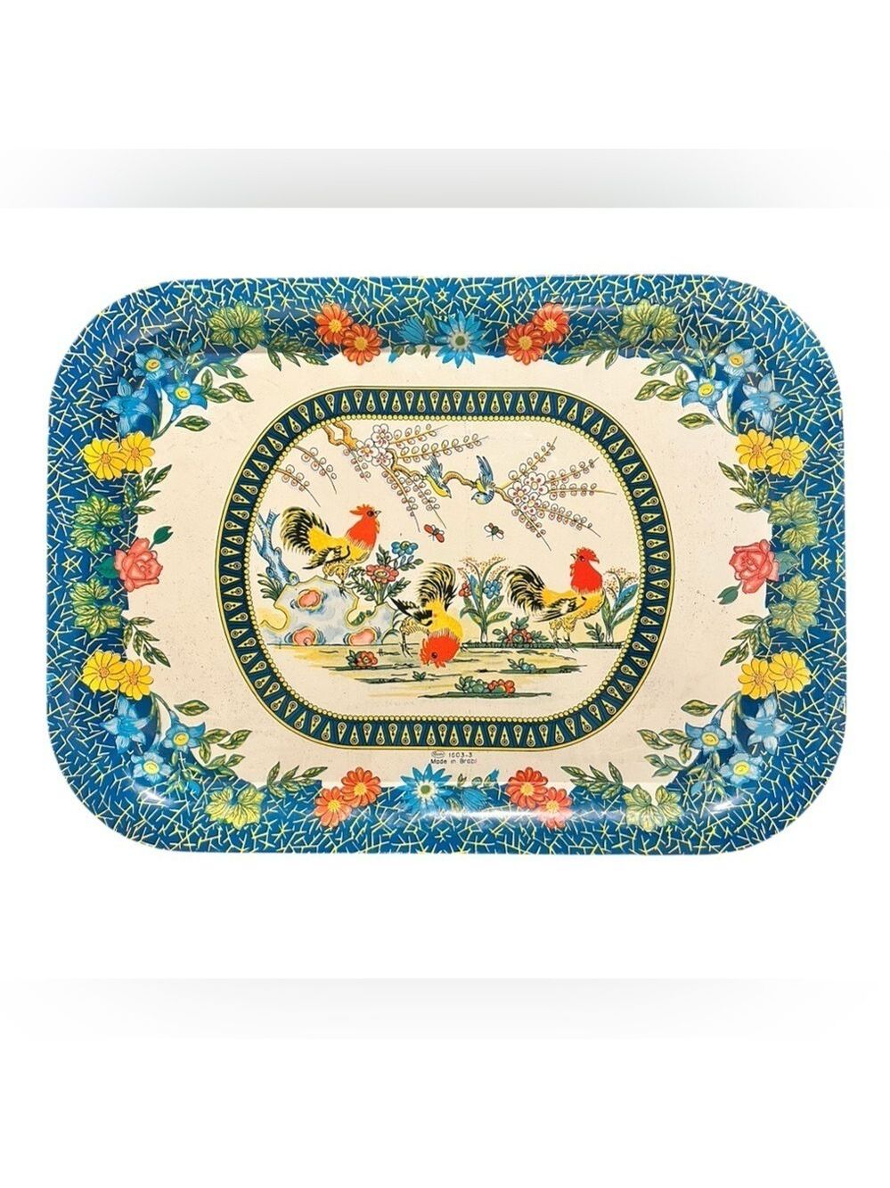 Vintage Meister Metalware Serving Tray Roosters Bluebirds Hens Flowers Brazil
